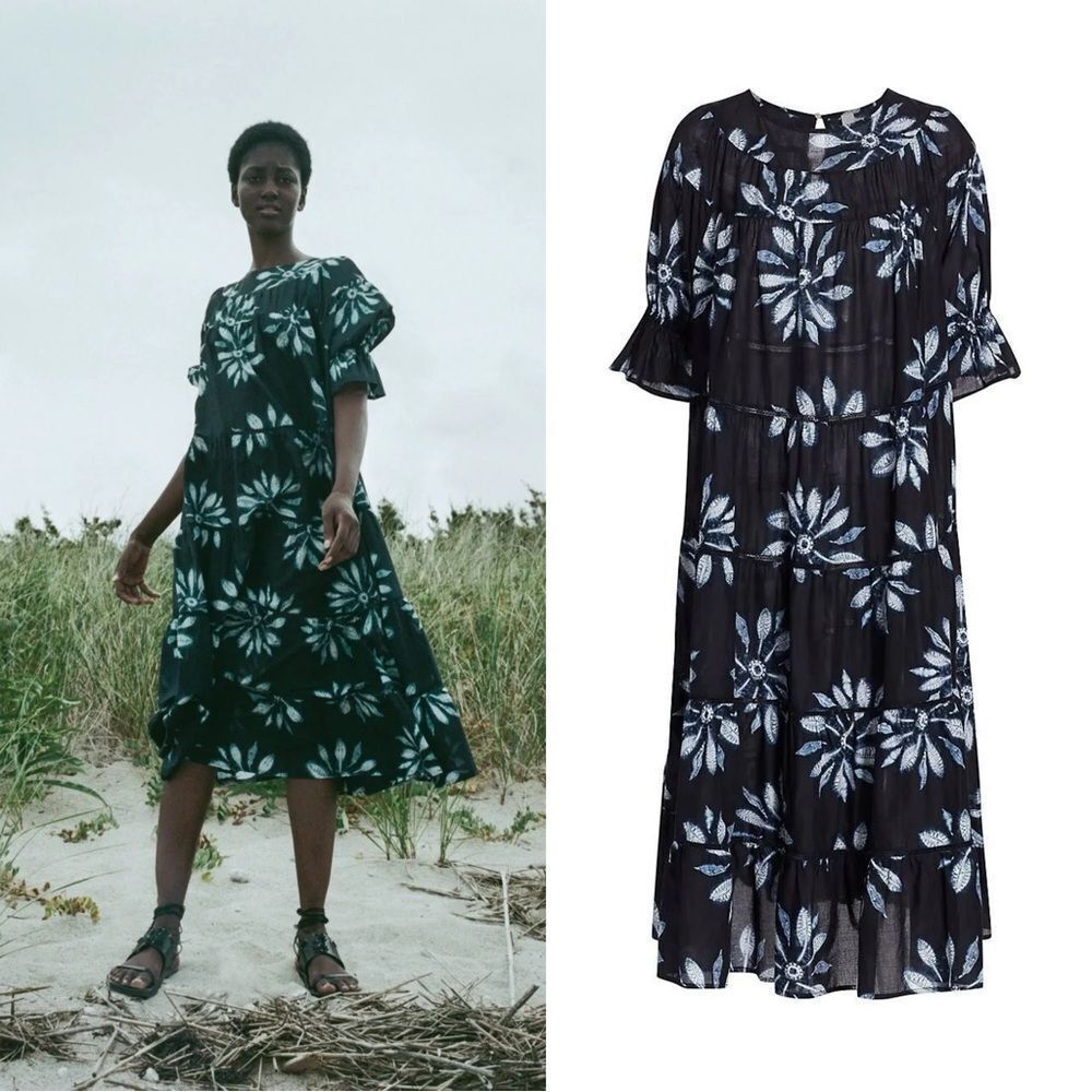 NEW MERLETTE Paradis Shibori Midi Dress in Navy Floral